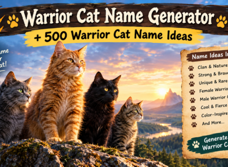 Warrior Cat Name Generator with 500 Warrior Cat Name Ideas featuring brave cats in a fantasy forest landscape