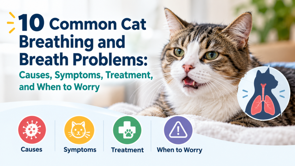 Cat with breathing problems alongside an illustration of feline lungs and icons for causes, symptoms, treatment, and warning signs.