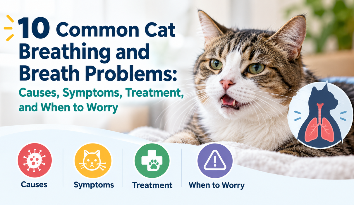 Cat with breathing problems alongside an illustration of feline lungs and icons for causes, symptoms, treatment, and warning signs.