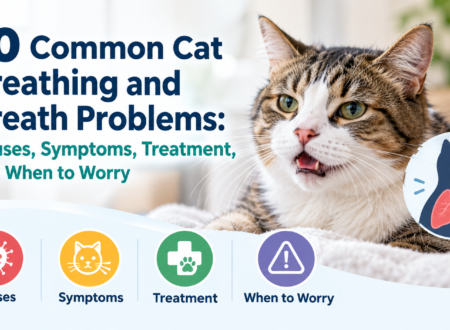 Cat with breathing problems alongside an illustration of feline lungs and icons for causes, symptoms, treatment, and warning signs.