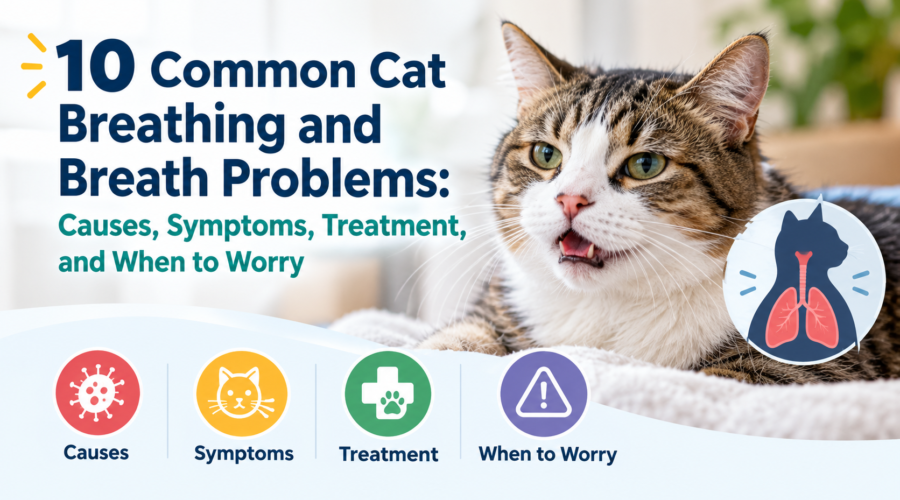 Cat with breathing problems alongside an illustration of feline lungs and icons for causes, symptoms, treatment, and warning signs.