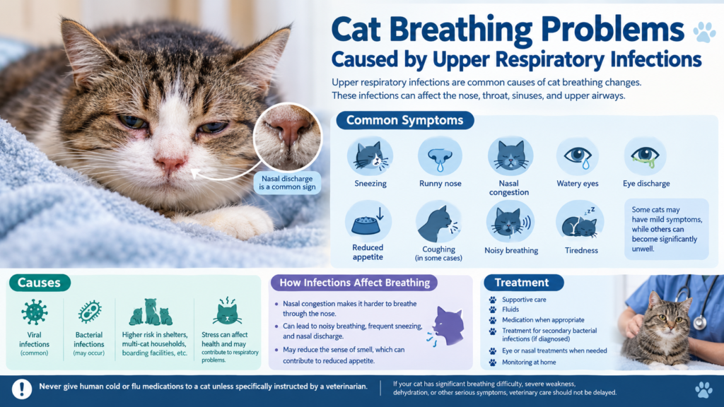 Cat with upper respiratory infection showing breathing problems, nasal congestion, sneezing, watery eyes, and other respiratory symptoms