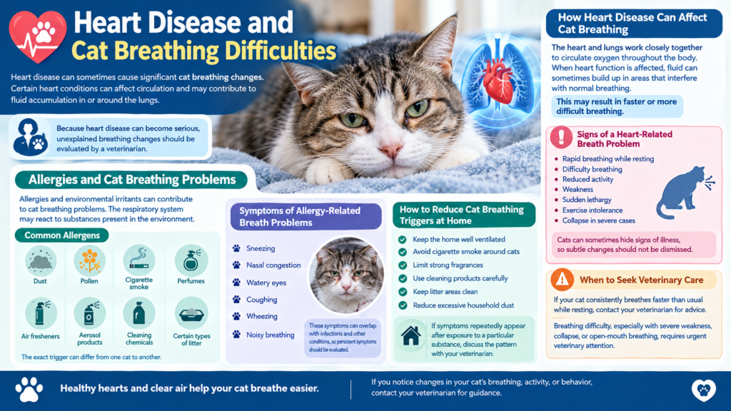 Cat with breathing difficulties related to heart disease and allergies, showing respiratory symptoms, common allergens, and veterinary care guidance.