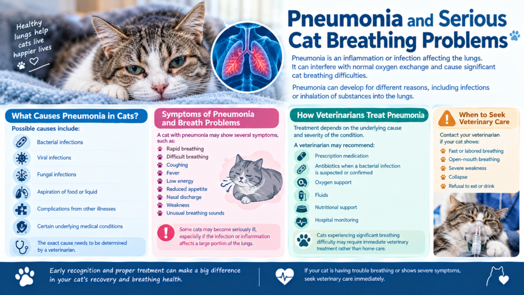 Cat with pneumonia and serious breathing problems, showing lung inflammation, respiratory symptoms, causes, treatment options, and warning signs.