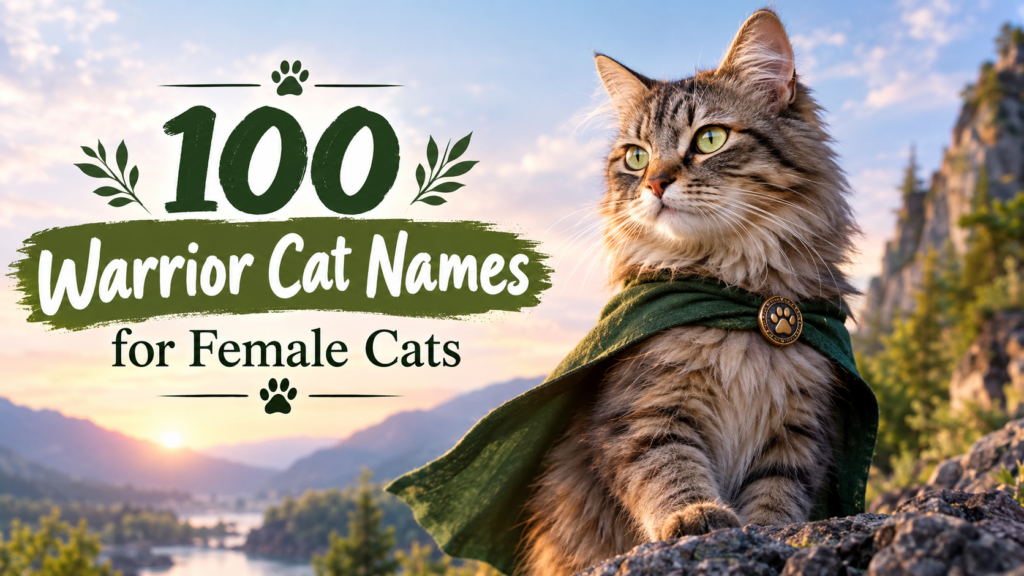 Female warrior cat with 100 warrior cat names for female cats title in a fantasy mountain landscape.