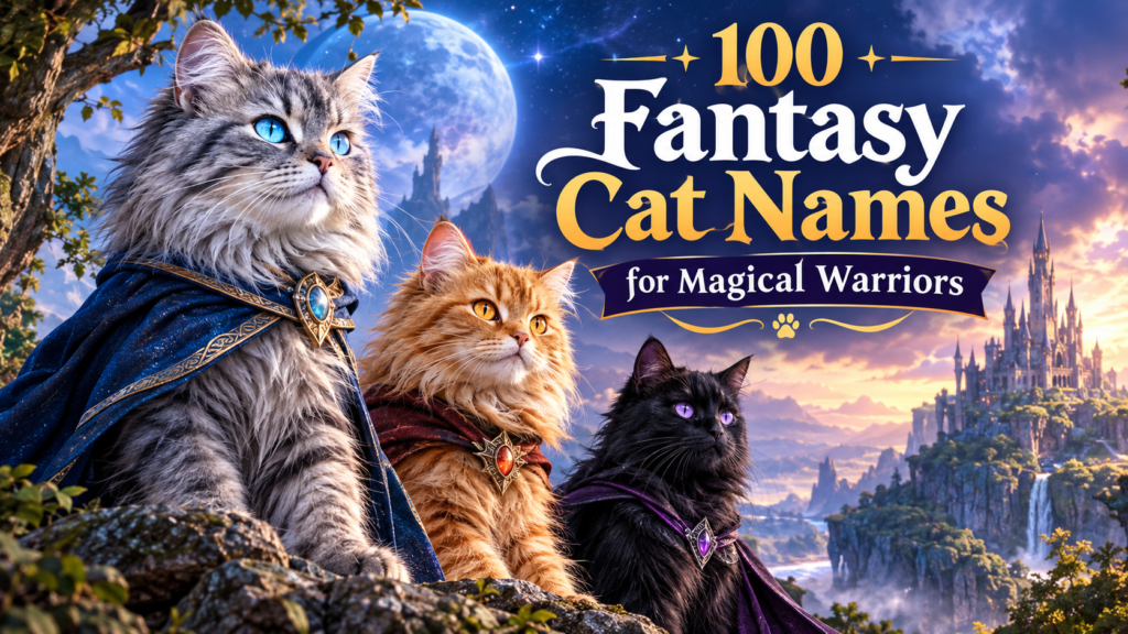 Three fantasy warrior cats under a glowing moon with a magical castle and the text “100 Fantasy Cat Names for Magical Warriors”