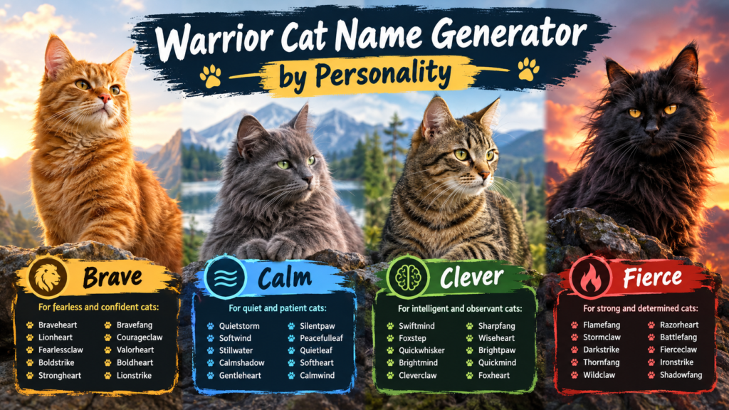 Warrior Cat Name Generator by Personality featuring brave, calm, clever, and fierce warrior cat names