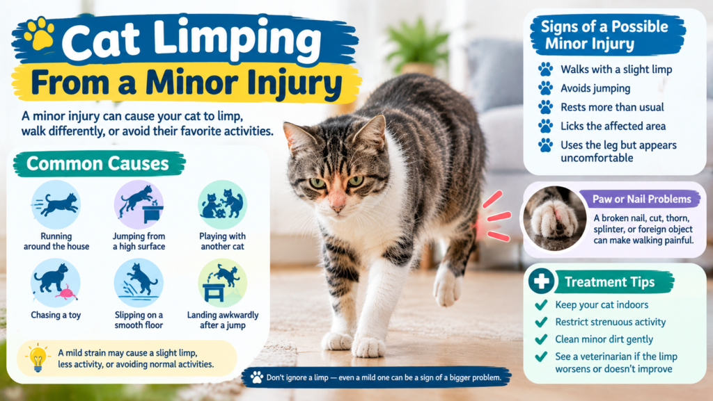 Cat limping from a minor injury with paw problems, signs, causes, and treatment tips