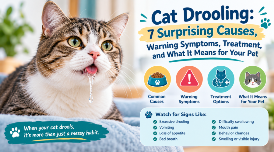 Cat drooling with warning symptoms, causes, and treatment information