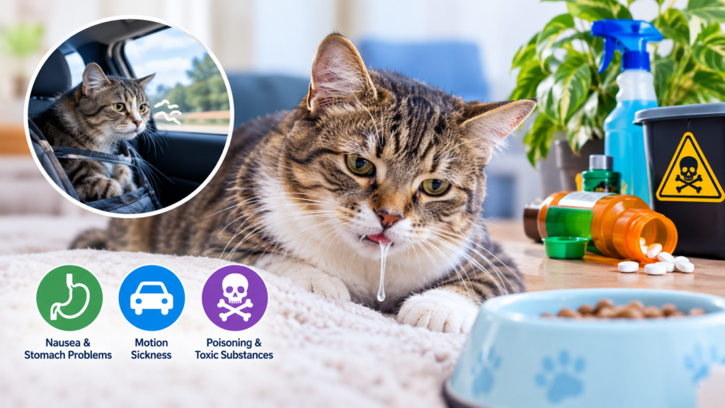 Cat drooling due to nausea, motion sickness, or poisoning
