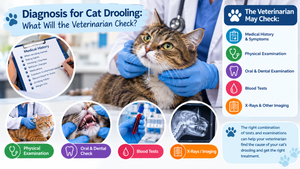 Veterinarian examining a cat for drooling with dental check, blood tests, and X-rays