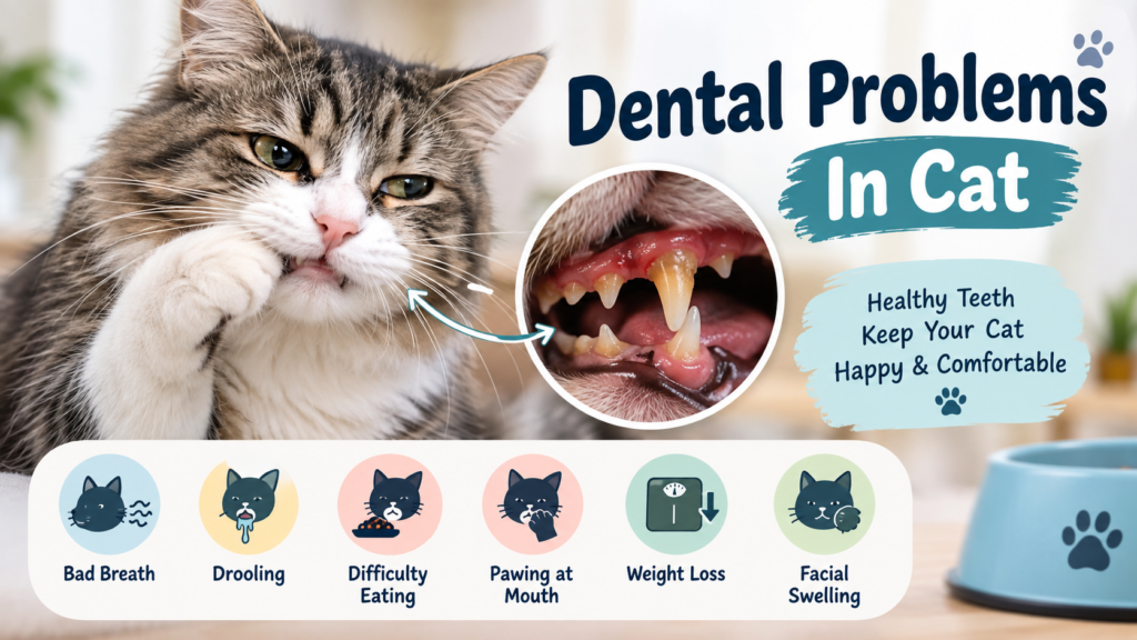 Dental Problems In Cat showing a cat with dental disease, bad breath, drooling, and difficulty eating.