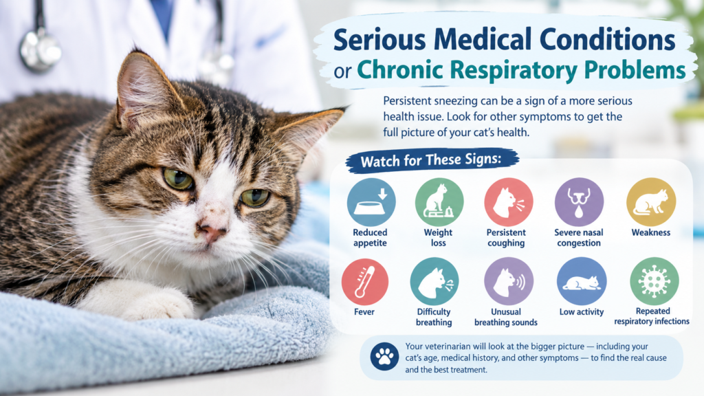 Serious medical conditions and chronic respiratory problems causing frequent sneezing in cats