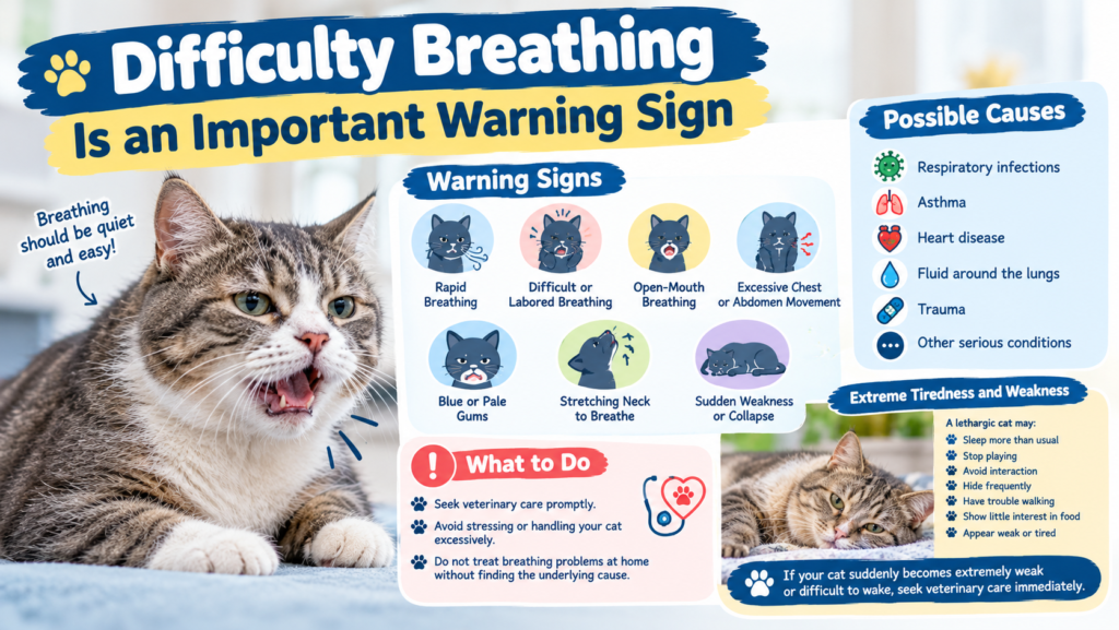 Difficulty breathing in cats with warning signs of rapid breathing, open-mouth breathing, weakness, and lethargy