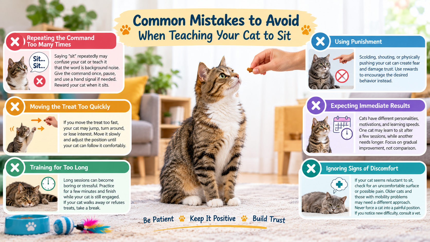 Tabby cat sitting on a rug and focusing on a treat, surrounded by an infographic explaining six common mistakes to avoid when teaching a cat to sit.