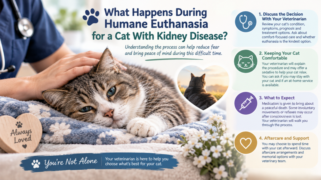 What happens during humane euthanasia for a cat with kidney disease, featuring a senior tabby cat being gently comforted by a veterinarian and illustrations of comfort care, the procedure, and aftercare.
