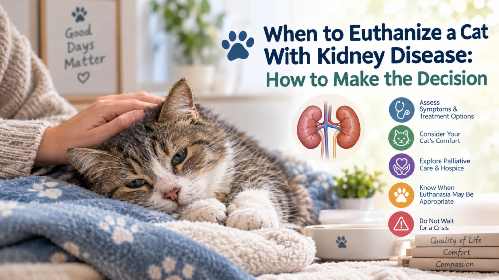 When to euthanize a cat with kidney disease, showing a senior tabby cat resting comfortably while being gently petted, with kidney health and quality-of-life care guidance.