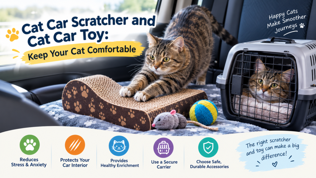 Tabby cat using a cardboard scratching pad inside a car, with colorful cat toys nearby and another cat resting in a secure pet carrier.