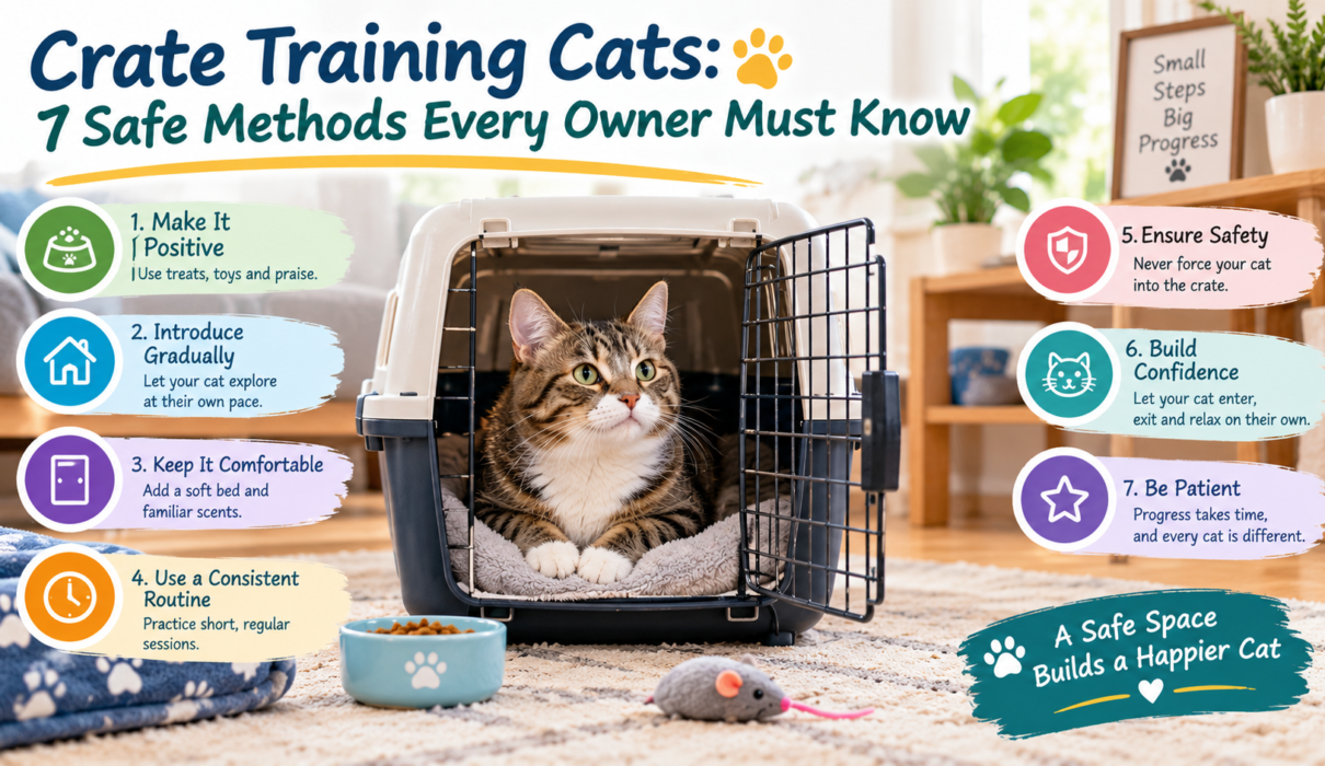 Tabby cat relaxing on soft bedding inside an open pet carrier in a cozy living room, illustrating safe crate training with treats, comfort, and positive reinforcement or can you crate train a cat.