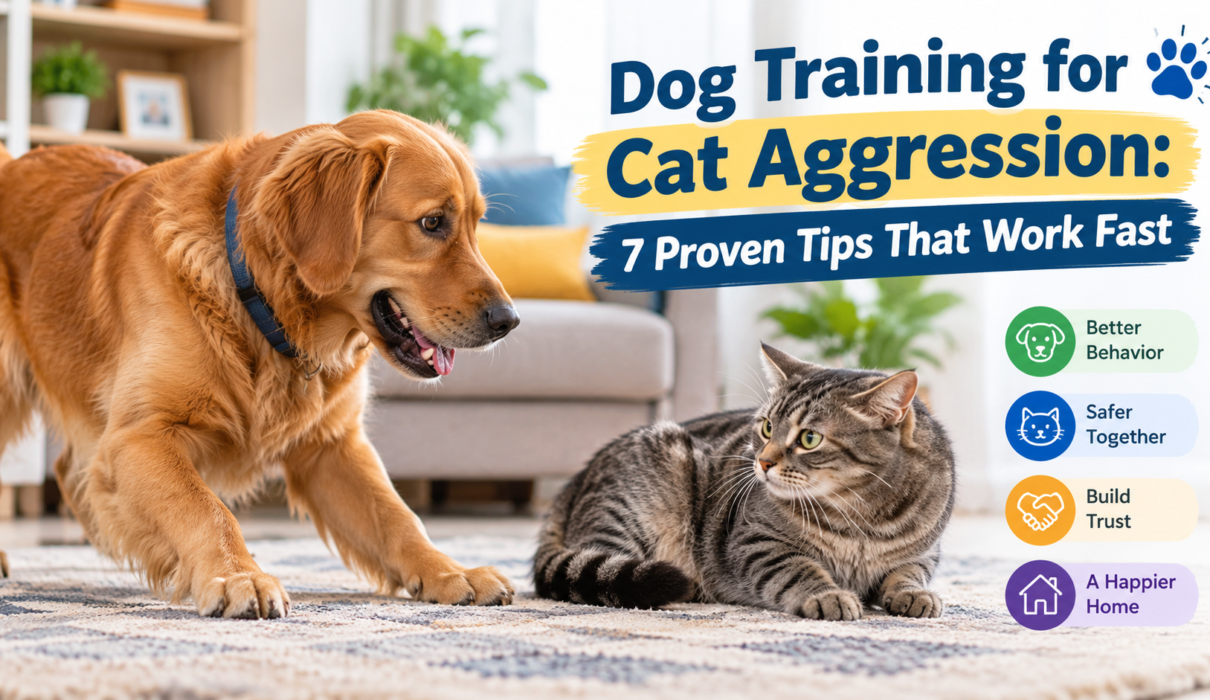 Dog Training for Cat Aggression: 7 Proven Tips That Work Fast — a golden retriever and gray tabby cat practicing calm behavior together indoors.