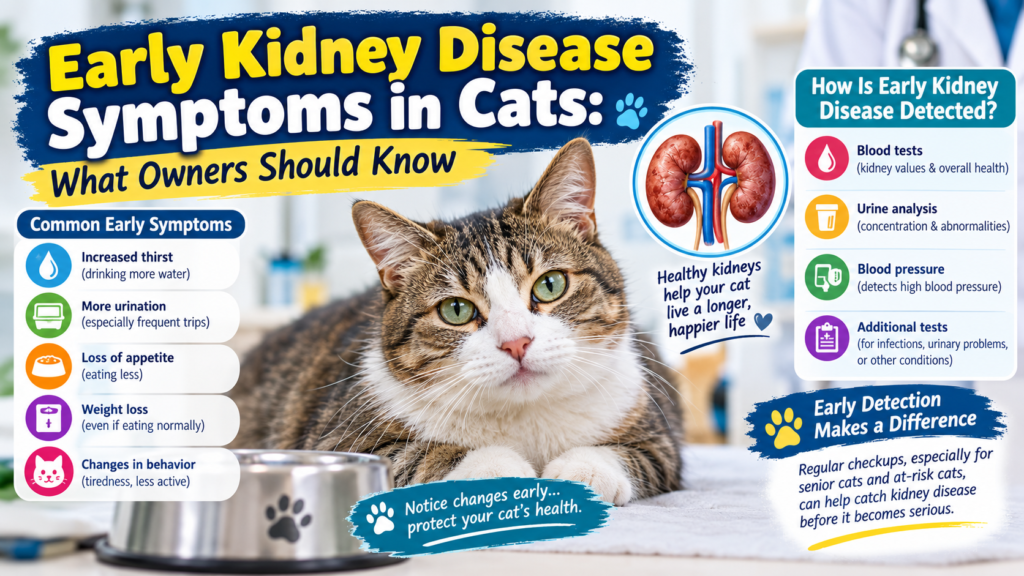 Early Kidney Disease Symptoms in Cats showing warning signs, kidney health, and veterinary diagnostic tests.