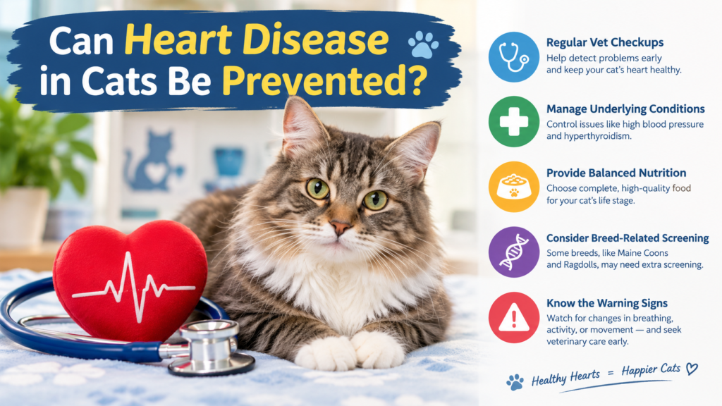 Can heart disease in cats be prevented? A tabby cat beside a red heart with an ECG line and a stethoscope, illustrating five ways to support feline heart health.