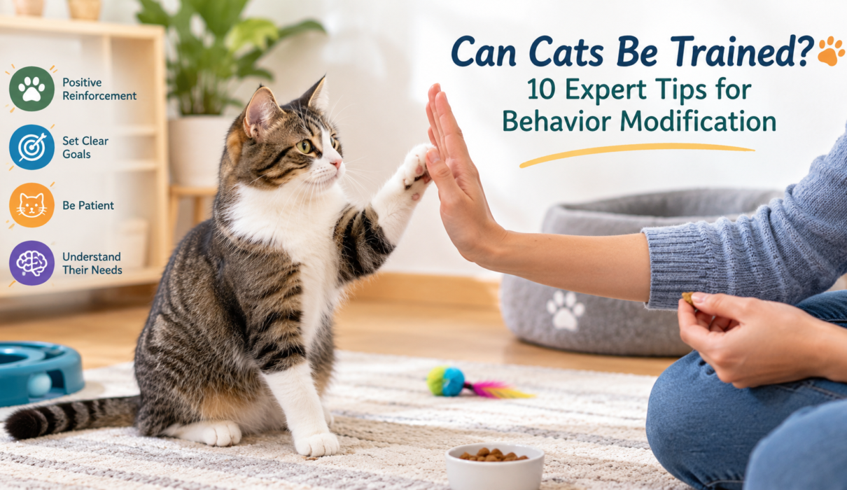 Tabby and white cat practicing a high-five with its owner using positive reinforcement during a training session at home or can cats be trained.