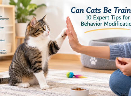 Tabby and white cat practicing a high-five with its owner using positive reinforcement during a training session at home or can cats be trained.
