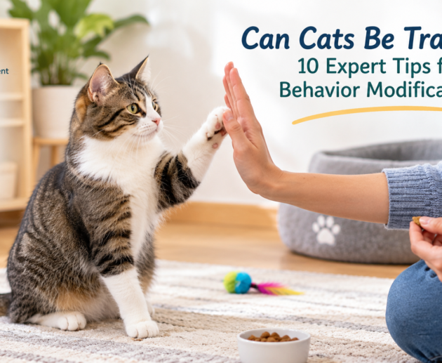 Tabby and white cat practicing a high-five with its owner using positive reinforcement during a training session at home or can cats be trained.