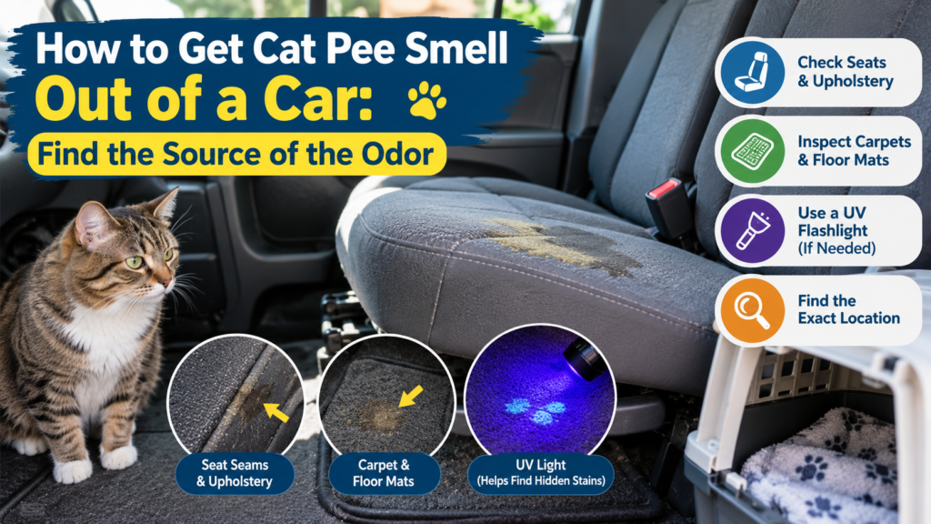 How to get cat pee smell out of a car by checking seat upholstery, carpets, floor mats, and hidden urine stains with a UV flashlight.
