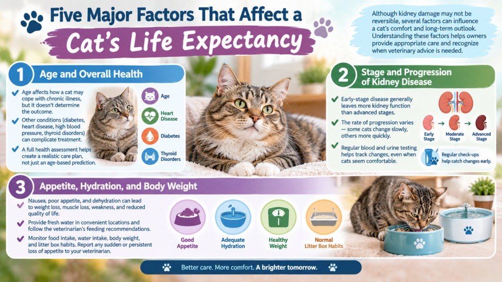 Five major factors that affect a cat’s life expectancy with kidney disease, including age, disease stage, appetite, hydration, and body weight.