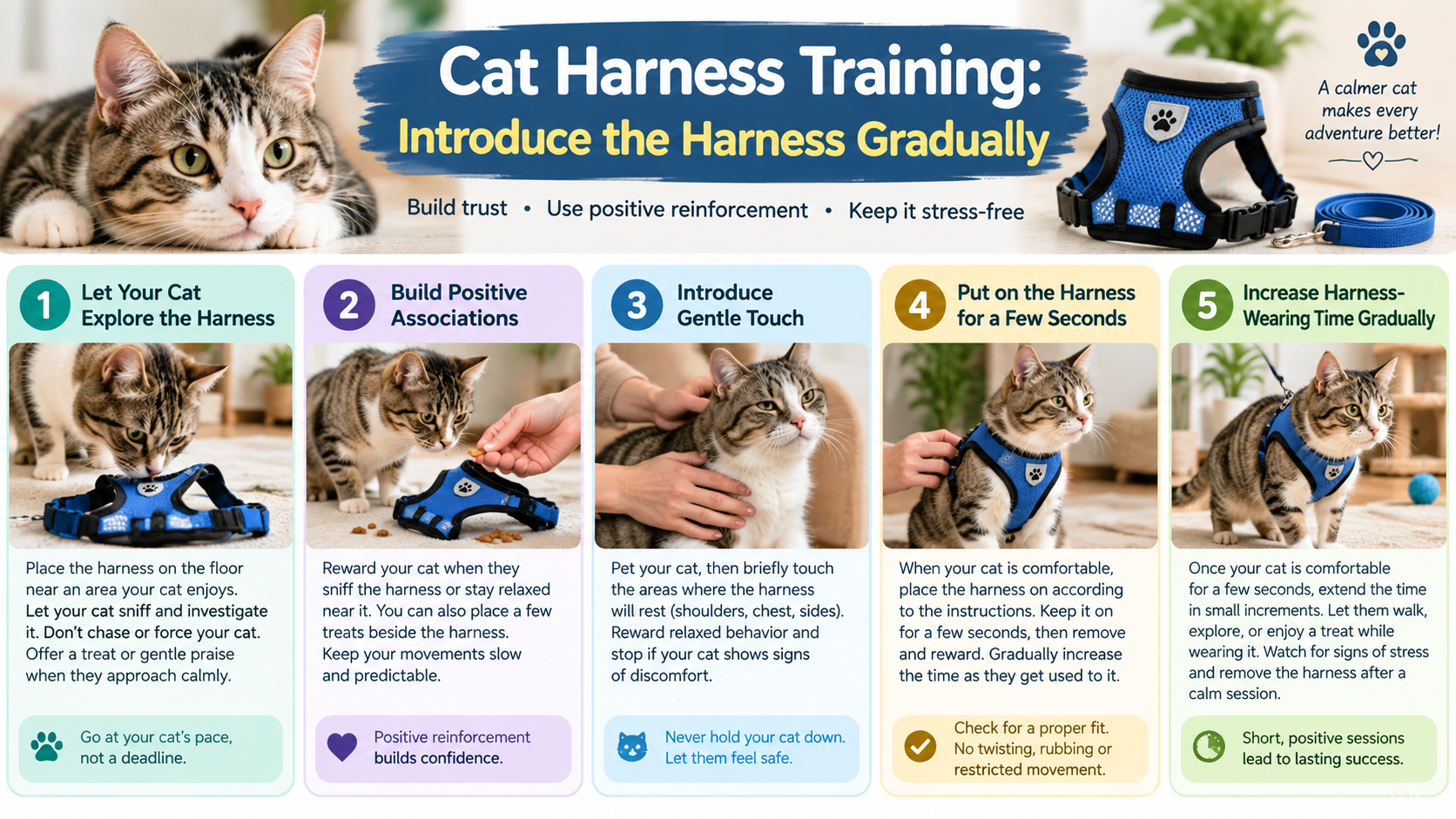 Cat harness training infographic showing five steps to introduce a blue harness gradually, using treats, gentle handling, positive reinforcement, and short wearing sessions