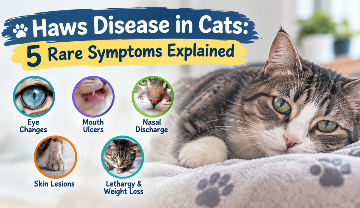 Haws Disease in Cats showing 5 rare symptoms including eye changes, mouth ulcers, nasal discharge, skin lesions, and lethargy
