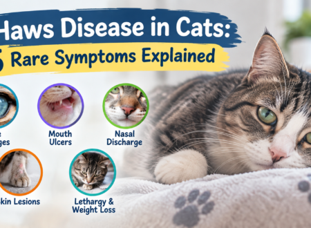 Haws Disease in Cats showing 5 rare symptoms including eye changes, mouth ulcers, nasal discharge, skin lesions, and lethargy