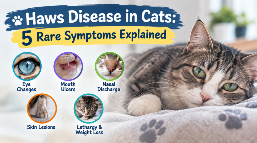 Haws Disease in Cats showing 5 rare symptoms including eye changes, mouth ulcers, nasal discharge, skin lesions, and lethargy