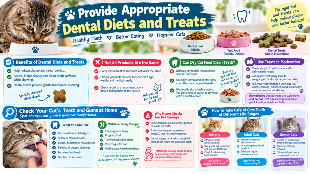 Cat dental diets and treats for healthy teeth, showing dental kibble, wet food, dental treats, home teeth checks, and oral care tips for cats of different ages.
