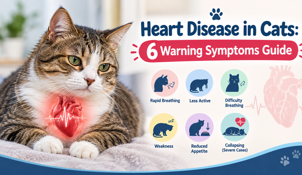 Heart disease in cats showing six warning symptoms, including rapid breathing, weakness, difficulty breathing, reduced appetite, less activity, and collapsing