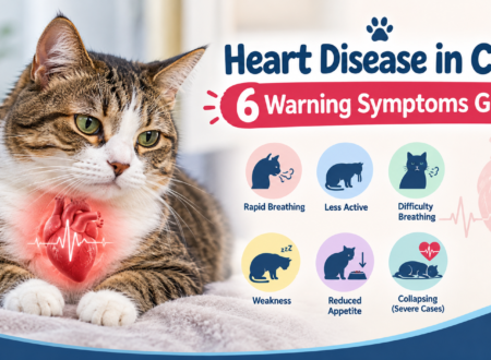 Heart disease in cats showing six warning symptoms, including rapid breathing, weakness, difficulty breathing, reduced appetite, less activity, and collapsing