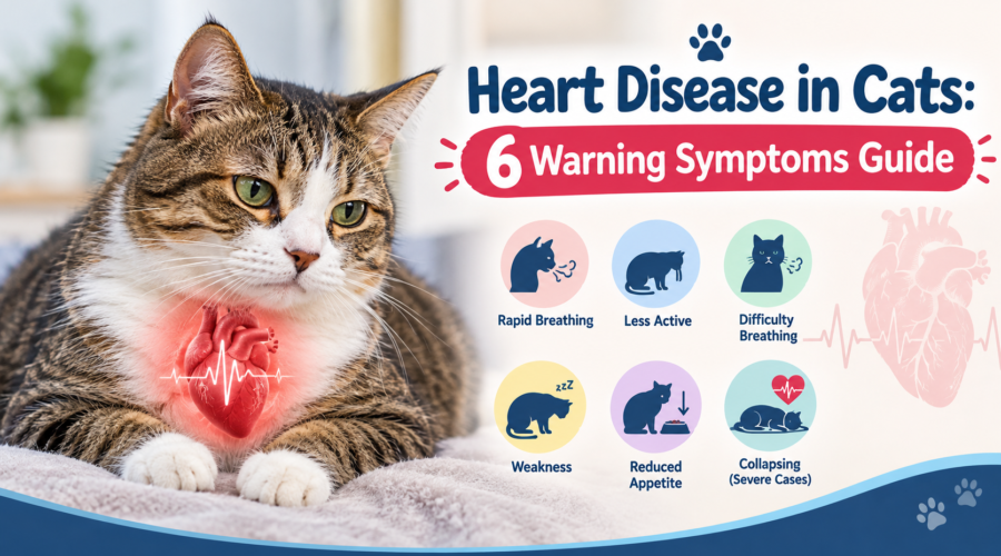 Heart disease in cats showing six warning symptoms, including rapid breathing, weakness, difficulty breathing, reduced appetite, less activity, and collapsing
