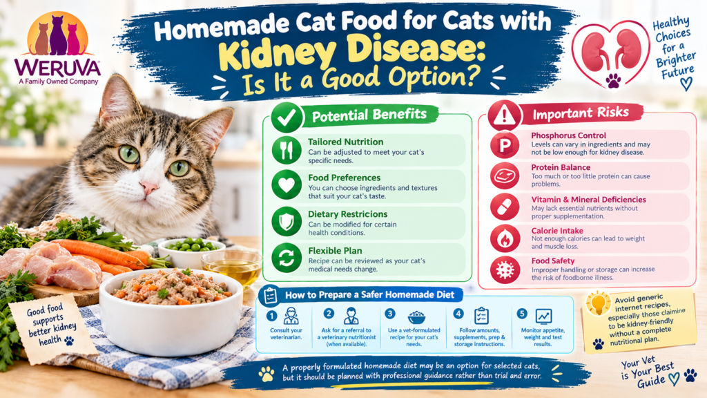 Homemade cat food for cats with kidney disease infographic featuring a tabby cat, a bowl of food, fresh ingredients, potential benefits, nutritional risks, and tips for preparing a safer diet with veterinary guidance.