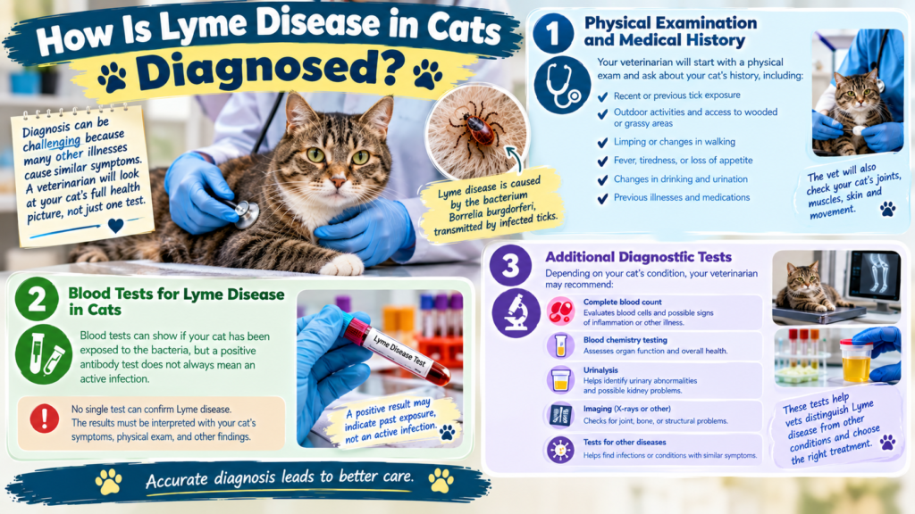 How Lyme disease in cats is diagnosed, featuring a veterinarian examining a tabby cat, a blood test, and diagnostic tools for evaluating tick exposure and related symptoms.