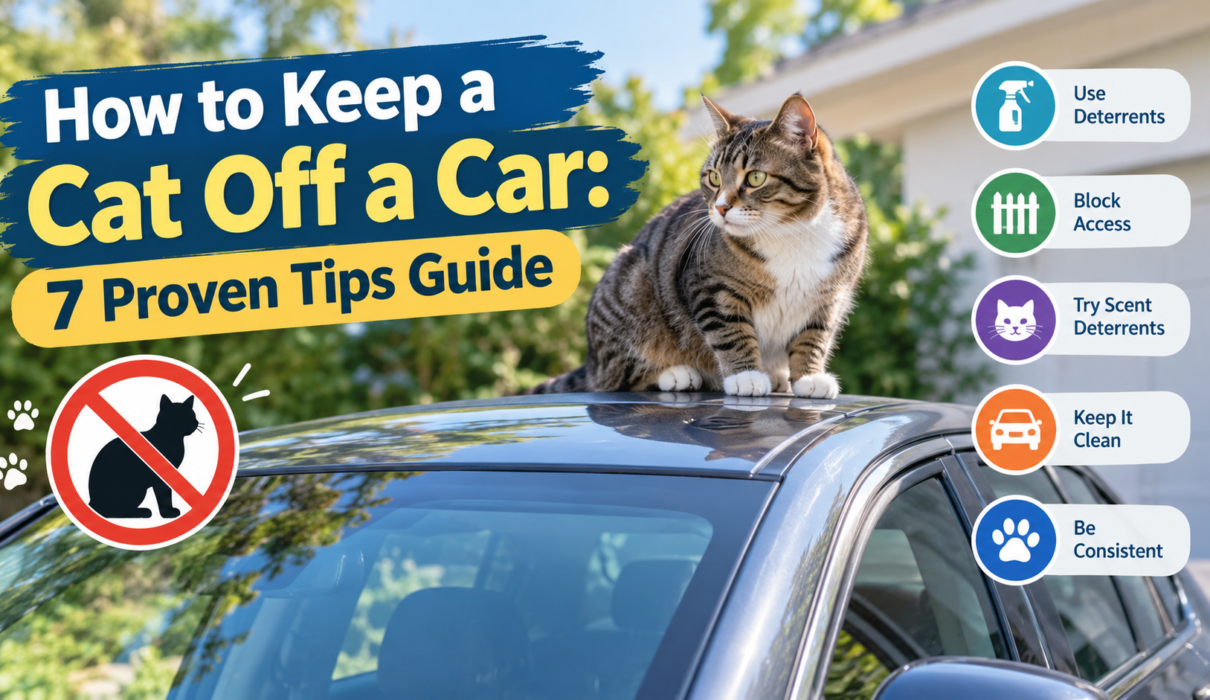 How to keep a cat off a car with 7 proven tips featuring a tabby cat sitting on a car roof and safe cat deterrent strategies