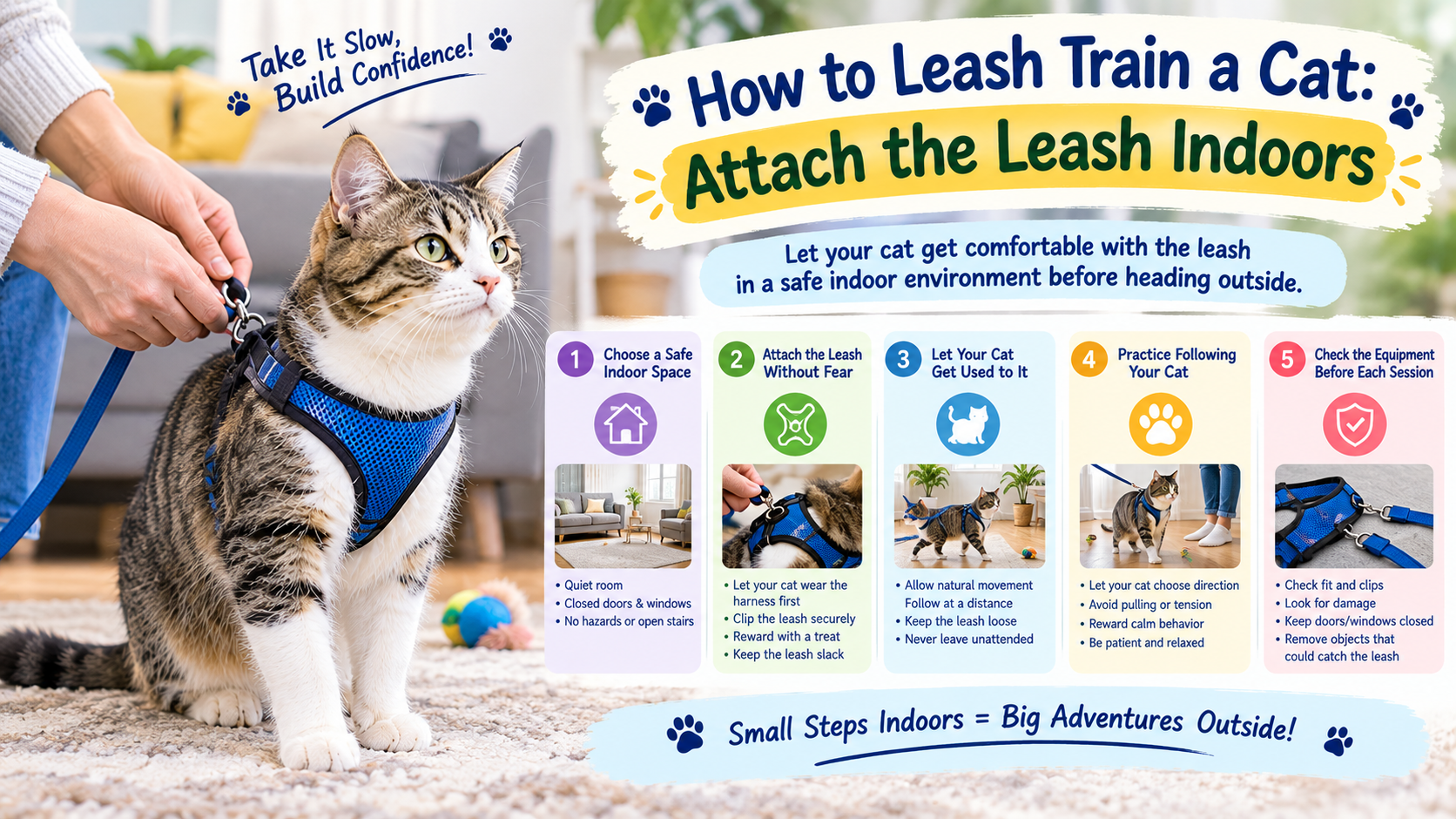 How to leash train a cat infographic showing a tabby cat wearing a blue harness and leash indoors, with five steps for safe leash attachment, gradual practice, gentle following, and equipment checks.