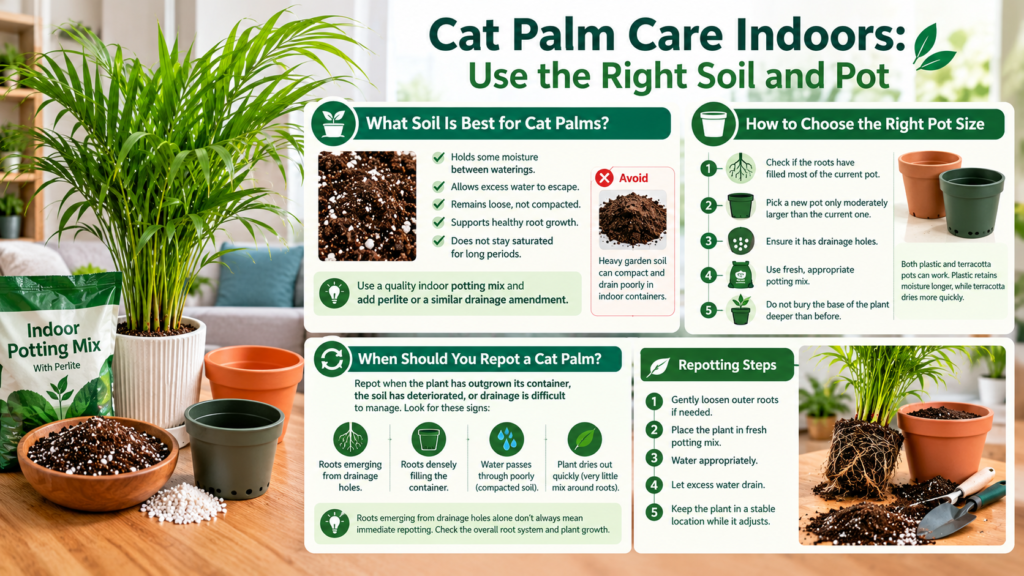Landscape infographic about indoor cat palm care featuring a lush cat palm, indoor potting mix with perlite, suitable plastic and terracotta pots, soil drainage tips, signs that repotting may be needed, and step-by-step repotting instructions.