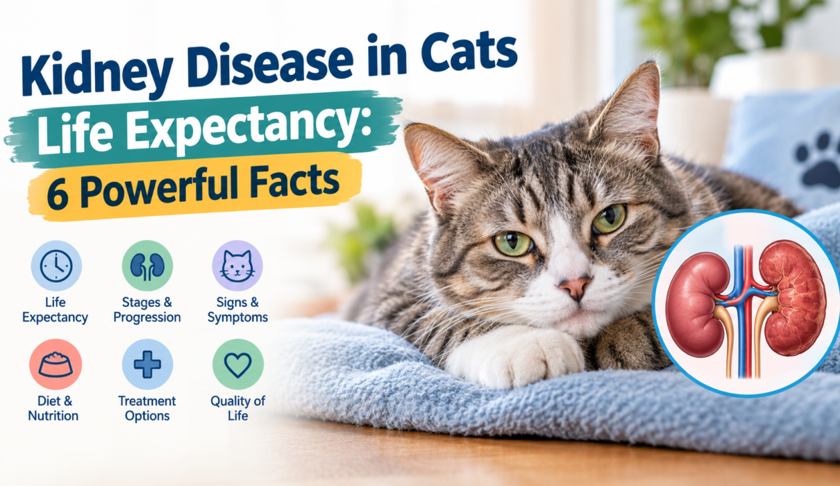 Kidney disease in cats life expectancy with a tabby cat and kidney anatomy illustration