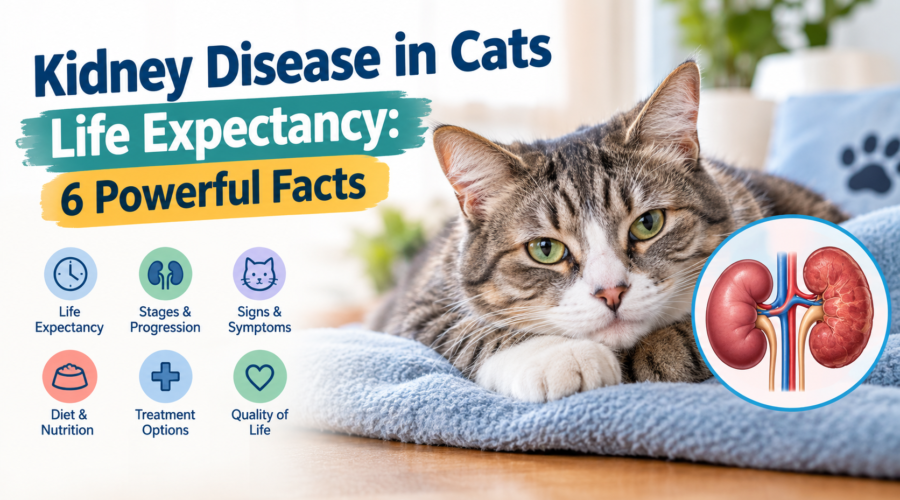 Kidney disease in cats life expectancy with a tabby cat and kidney anatomy illustration