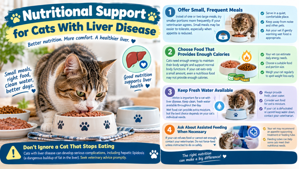 Nutritional support for cats with liver disease, showing a tabby cat eating wet food with tips for frequent meals, adequate calories, hydration, and assisted feeding.