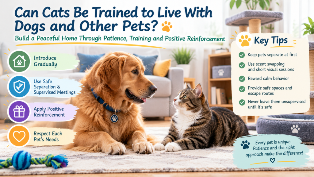 Golden retriever and tabby cat resting calmly together in a living room, illustrating safe pet introductions and positive reinforcement for peaceful coexistence.