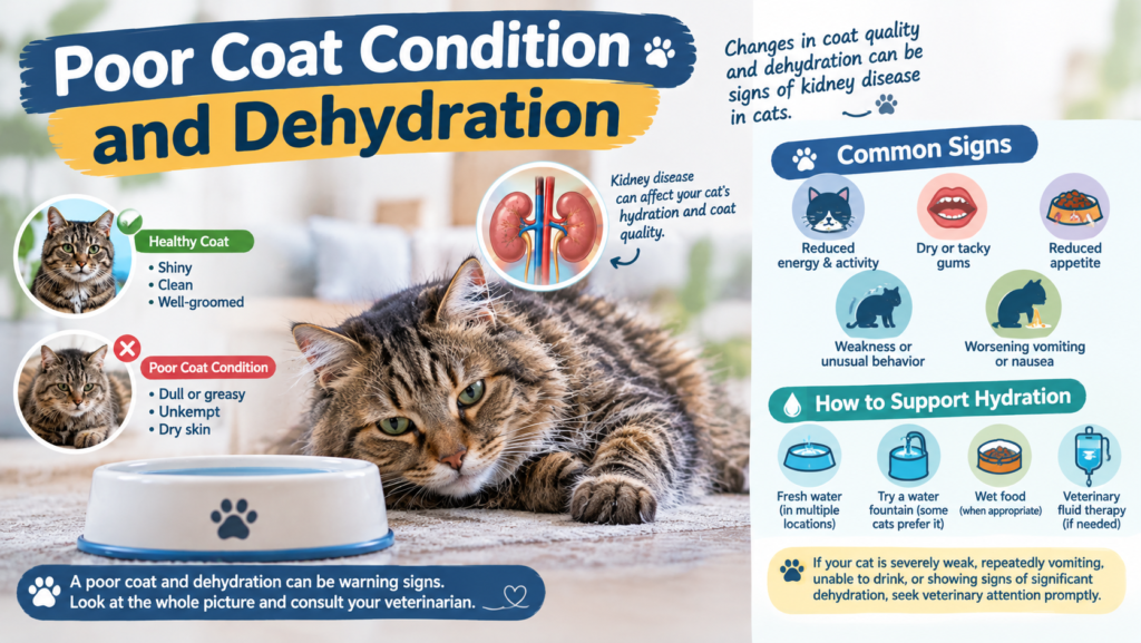 Poor coat condition and dehydration in cats with kidney disease, featuring a tabby cat, water bowl, and kidney illustration