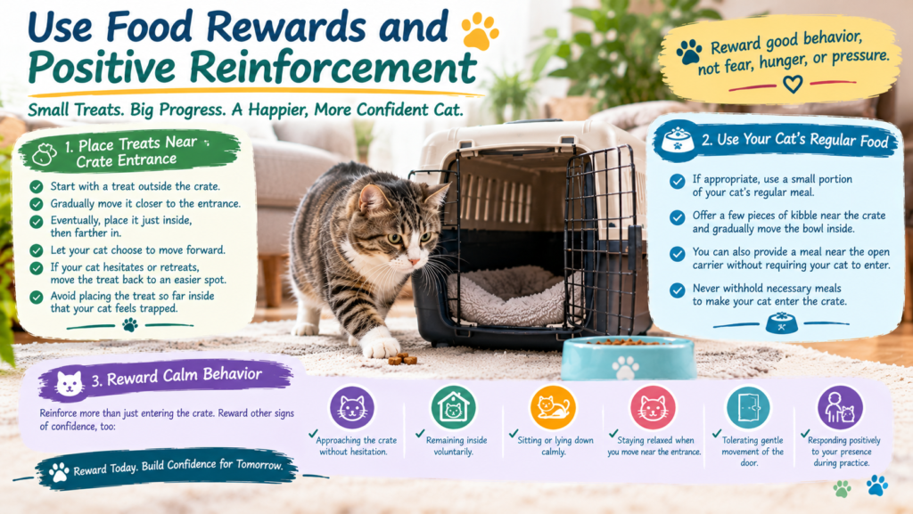 : Tabby-and-white cat approaching an open pet carrier with treats nearby, demonstrating positive reinforcement and food rewards for crate training or Crate Training Cats.